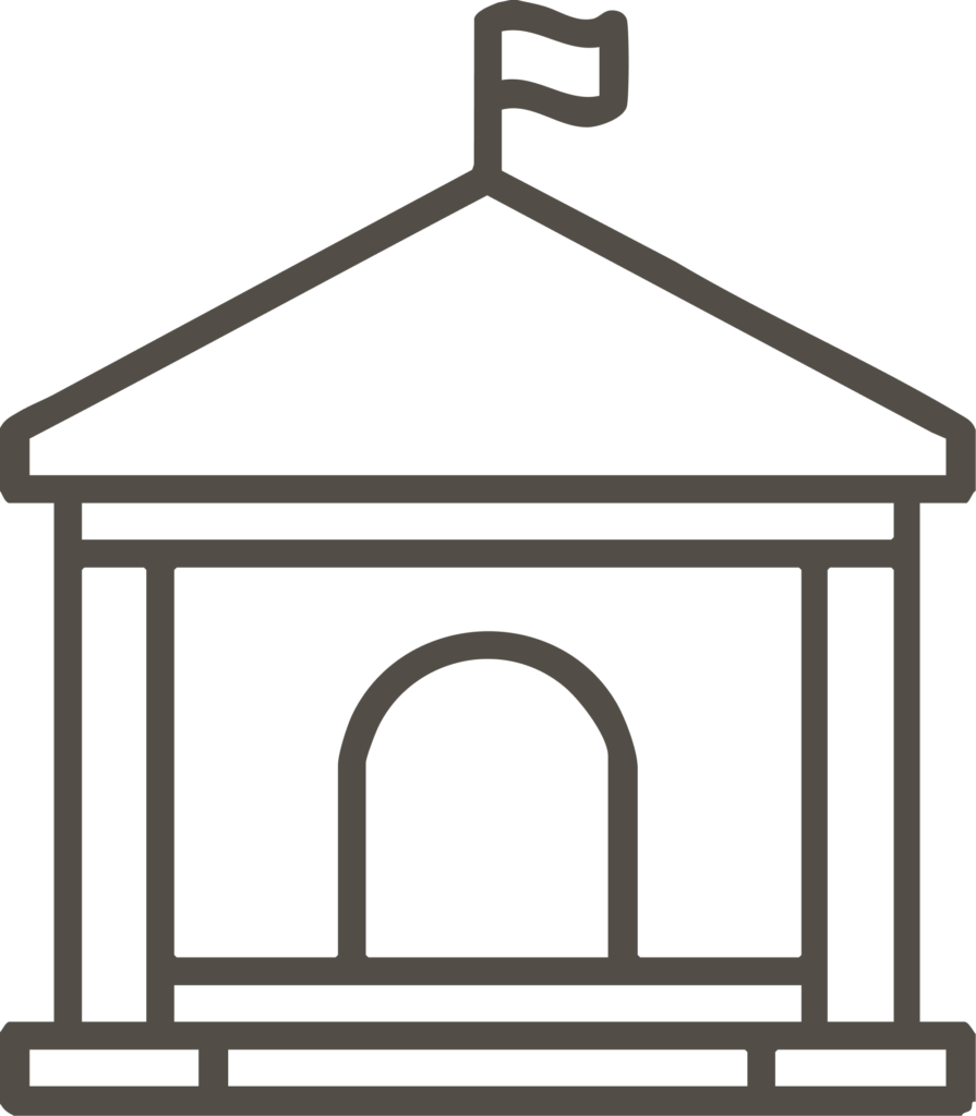 Icon of a building with a peaked roof and a flag on top, drawn in brown lines