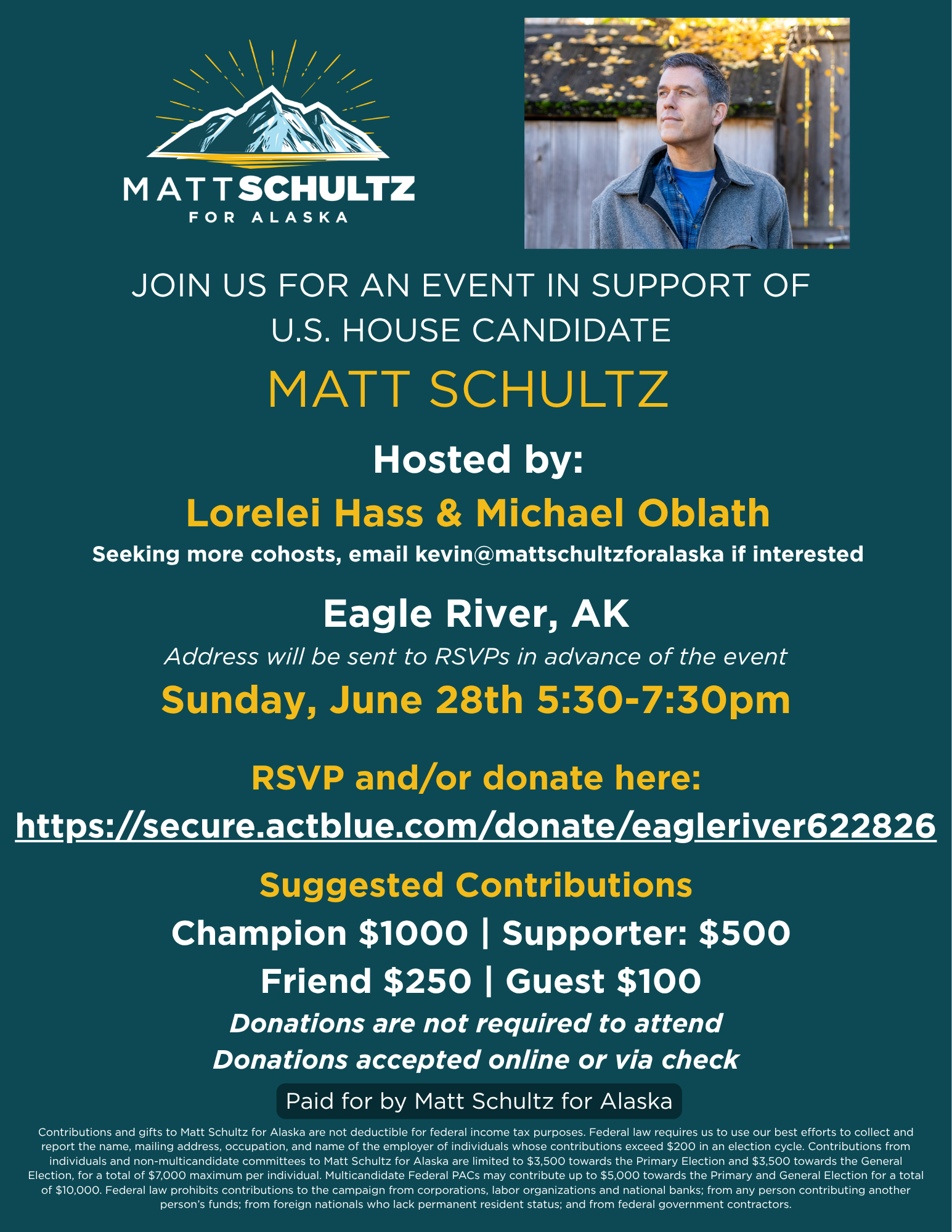 Campaign poster for Matt Schultz for Alaska with mountain logo and event details in teal background.