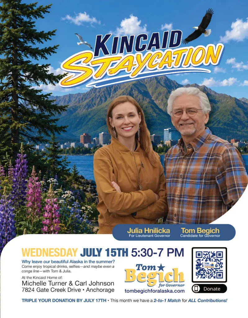 Smiling couple stands in front of a Kincaid Staycation billboard with mountains, city buildings, a lake, and flowers in the foreground (Alaska).