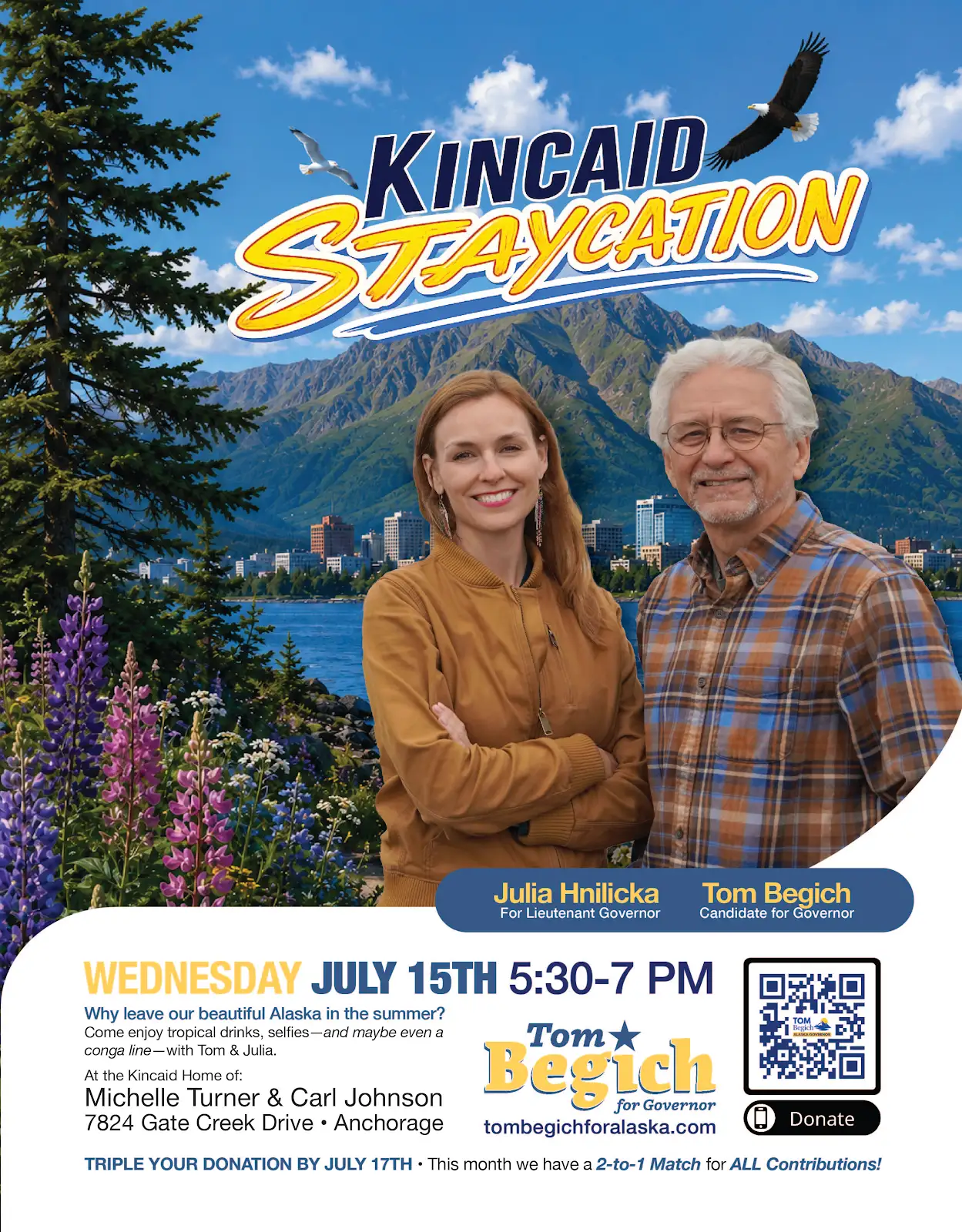 Smiling couple stands in front of a Kincaid Staycation billboard with mountains, city buildings, a lake, and flowers in the foreground (Alaska).
