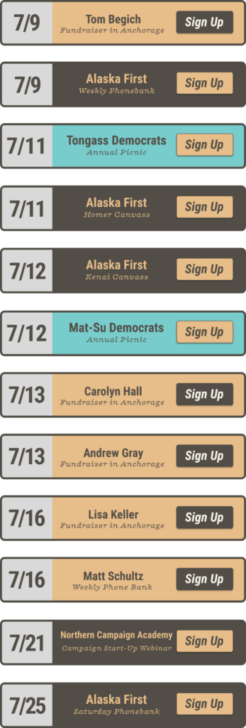 Row of fundraising event cards showing dates (e.g., 7/9) with organization name and subtitle, plus a Sign Up button on each card