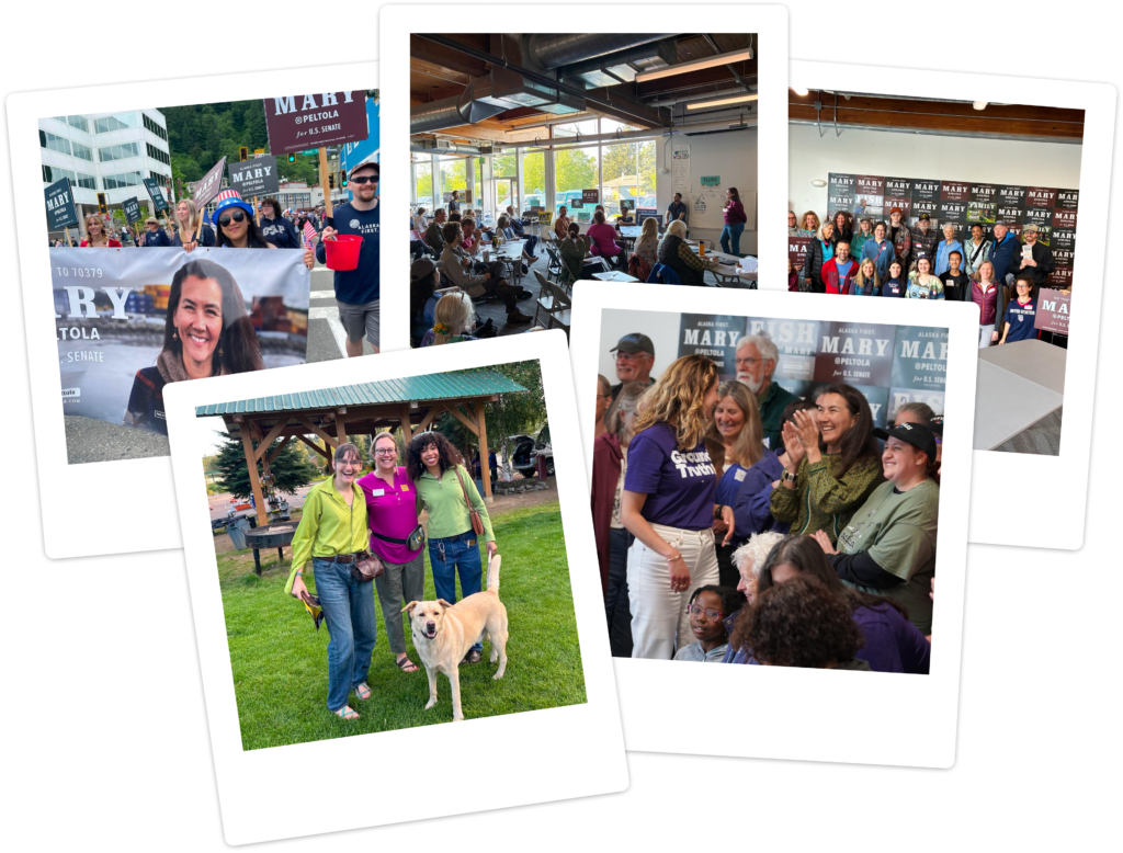 Collage of campaign photos showing diverse supporters with Mary Peltola campaign signs at outdoor and indoor events, conveying community support.