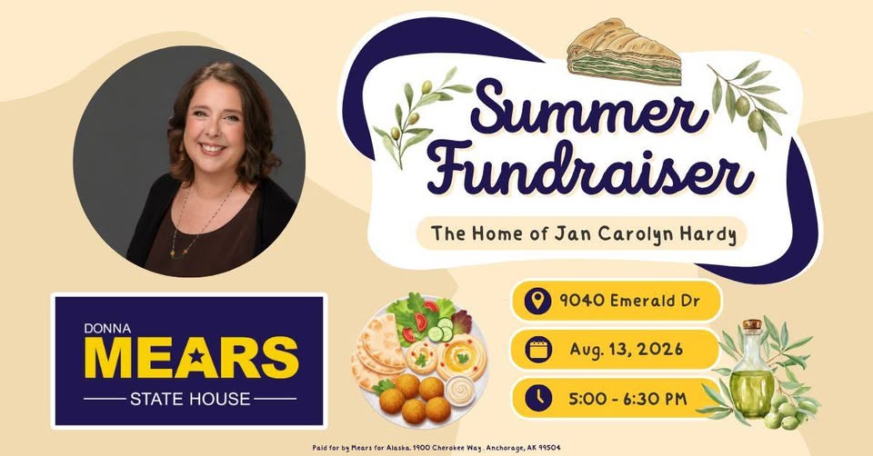 Poster for a Summer Fundraiser with the organizer's portrait, event title, and details: 9040 Emerald Dr, Aug. 13, 2026, 5:00–6:30 PM, hosted by Jan Carolyn Hardy.