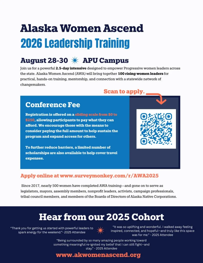 Poster for Alaska Women Ascend 2026 Leadership Training (Aug 28–30, APU Campus) with a QR code to apply.