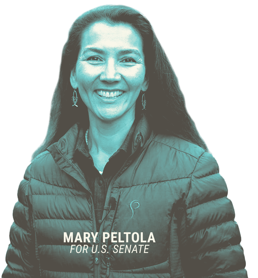 Mary Peltola smiling in a teal-toned campaign photo wearing a puffer jacket; running for U.S. Senate.