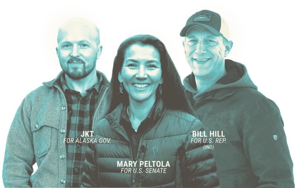Group photo of three political candidates: JKT for Alaska Governor, Mary Peltola for U.S. Senate, and Bill Hill for U.S. Representative (independent).