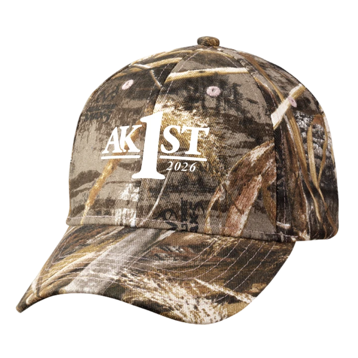 Camouflage baseball cap with 'AK 1ST 2026' logo on the front panel.