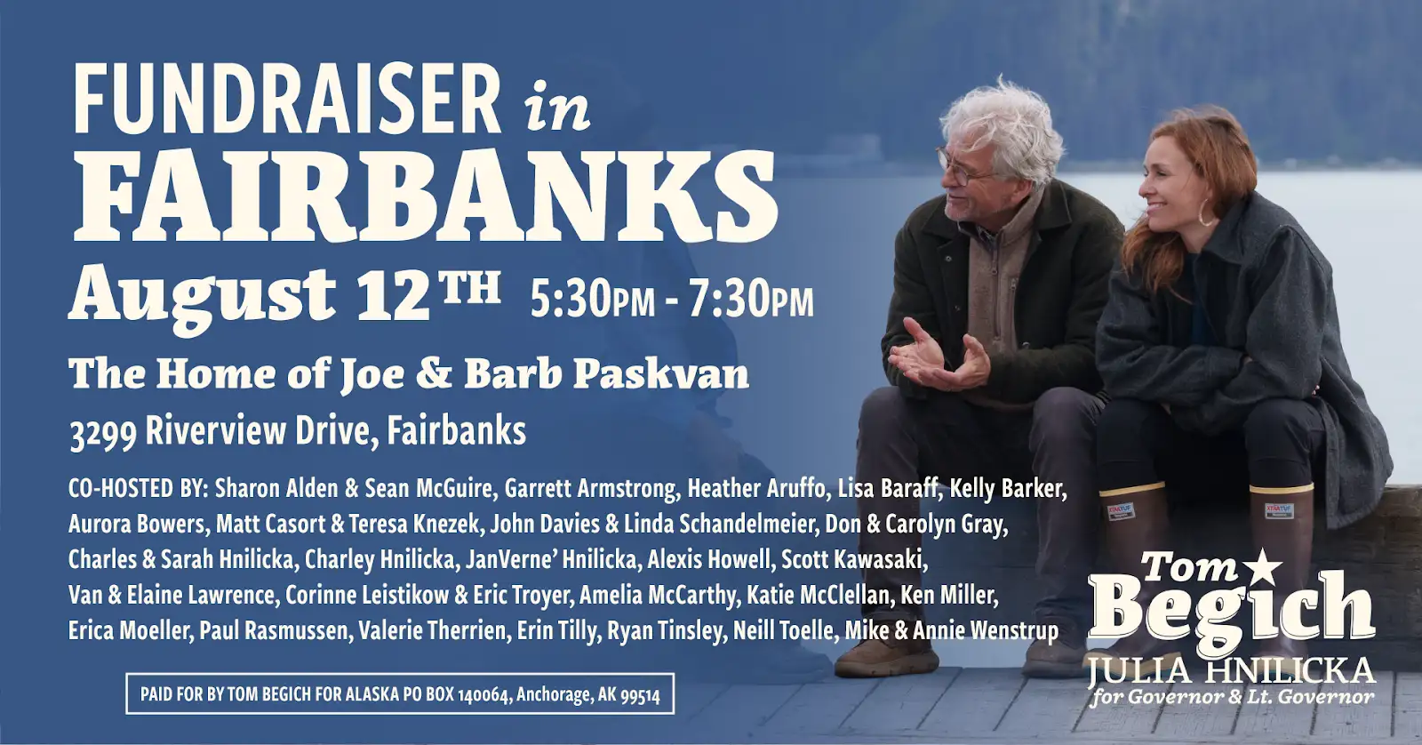 Fundraiser poster for Tom Begich and Julia Hinlicka in Fairbanks, August 12, 5:30–7:30 pm, at the home of Joe and Barb Paskvan.
