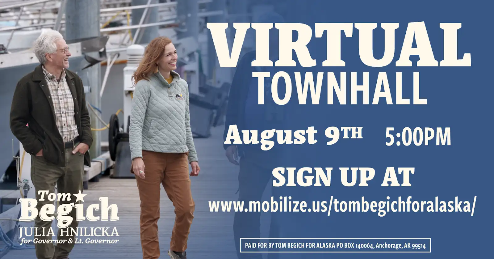 Two people walk along a marina beside a blue banner that reads 'VIRTUAL TOWNHALL' with date, time, and signup URL.