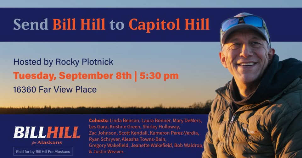 Promotional banner for 'Send Bill Hill to Capitol Hill' featuring a smiling man on the right; event hosted by Rocky Plotnick, Tuesday, September 8, 5:30 pm at 16360 Far View Place.