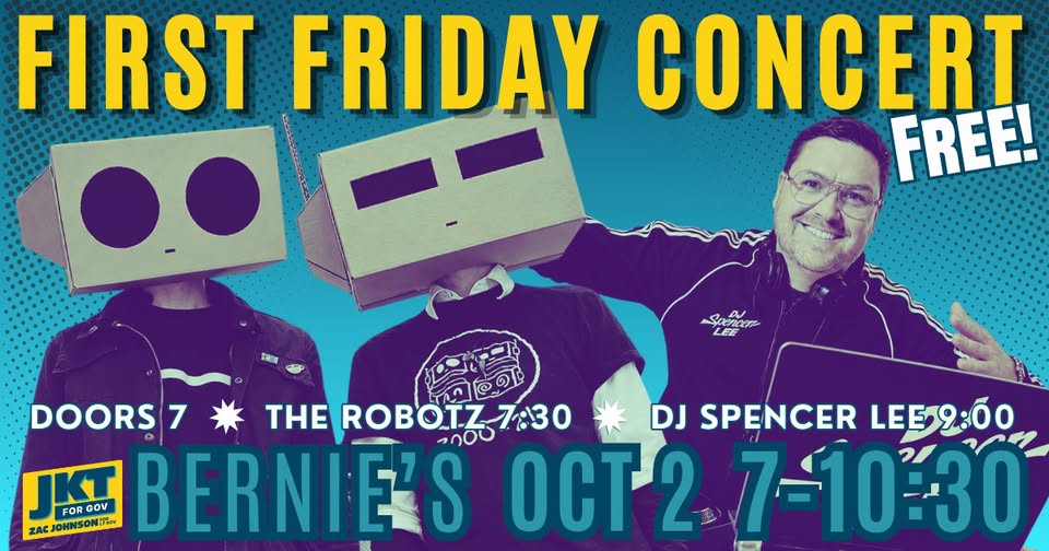 Vibrant concert poster showing three people with cardboard robot heads, bold yellow 'FIRST FRIDAY CONCERT' headline, and event details in teal at the bottom.