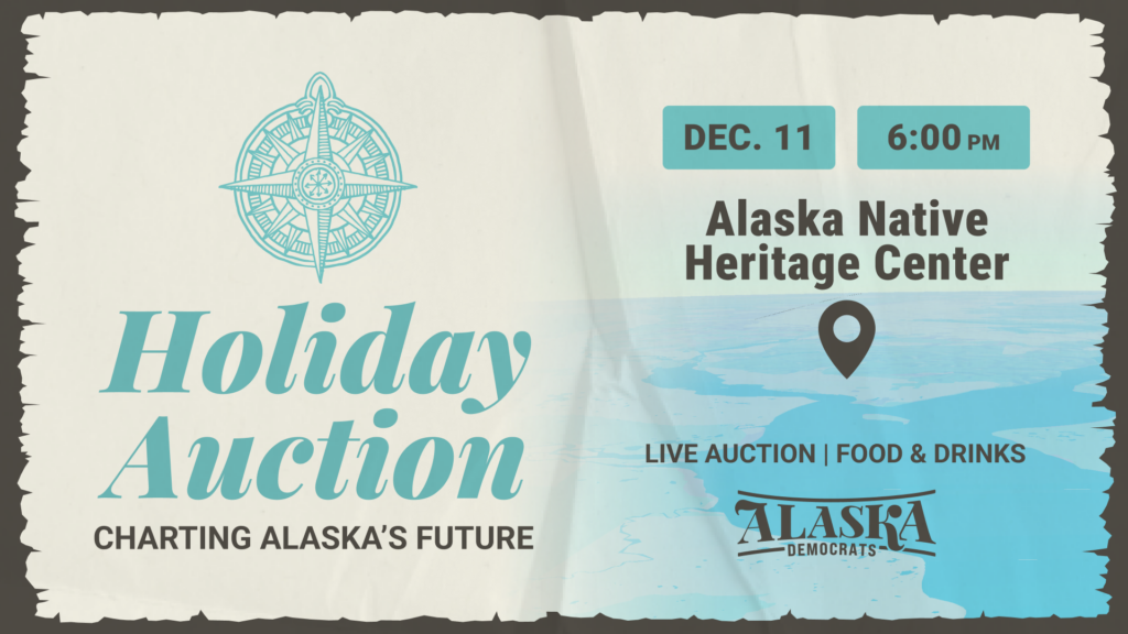 Event poster for Alaska Native Heritage Center Holiday Auction with teal compass logo, date DEC. 11, 6:00 PM, map pin and ocean background.