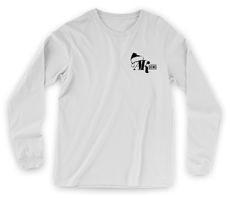 White long-sleeve T-shirt featuring a small black logo on the left chest with stylized 'AK' and 'DEMS' text and a cap graphic above it.