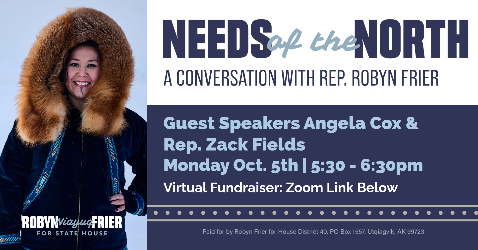 Portrait of a smiling woman wearing a large fur hood on the left; right side shows a dark blue event banner with text about a virtual fundraiser and guest speakers.