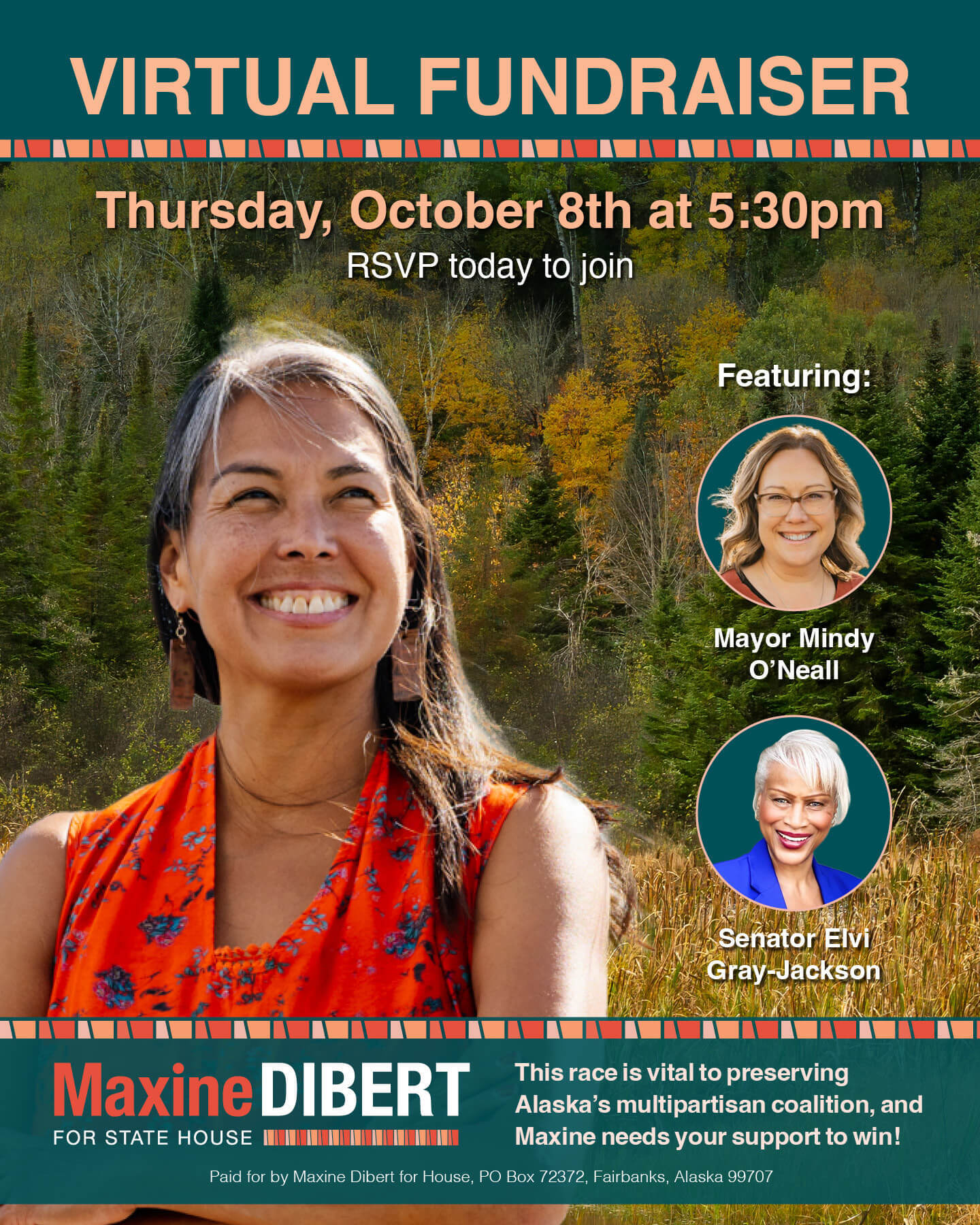 Poster for a virtual fundraiser with bold title 'VIRTUAL FUNDRAISER,' date and RSVP info over a forest background and a smiling woman in the foreground.