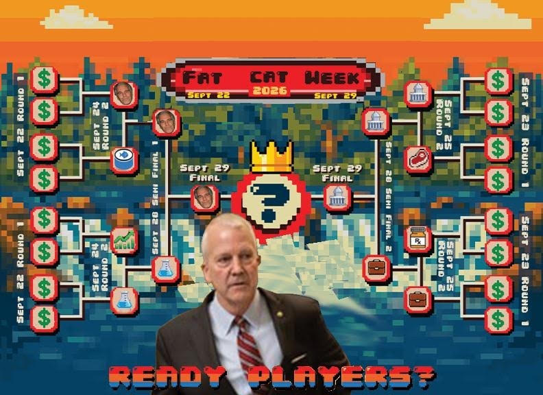 Pixelated bracket-style graphic titled 'Fat Cat Week' with a crown-wielded question mark at center; icons and photos along the sides, and a suited man in the foreground.