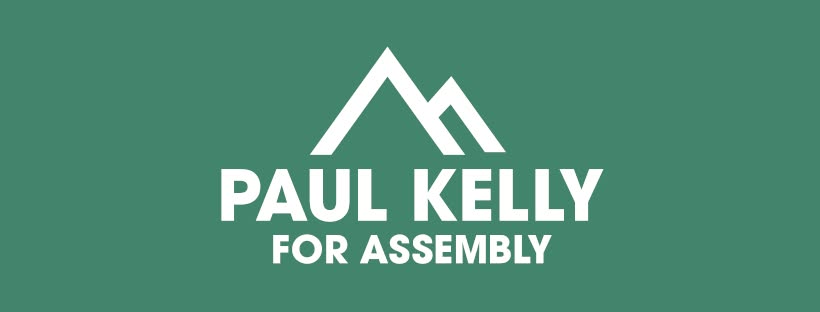 Campaign logo for Paul Kelly for Assembly featuring white mountain peaks on a green background on white text contrast