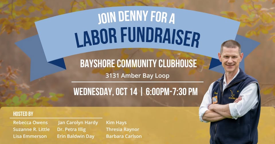 Poster for a Labor Fundraiser with event details: Bayshore Community Clubhouse, 3131 Amber Bay Loop, Wed Oct 14, 6:00–7:30 PM; hosted by multiple organizers; man in vest on the right.