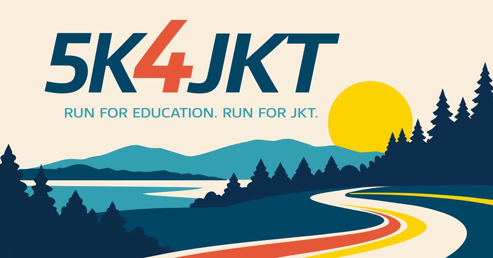 Illustrated banner for 5K4JKT charity run featuring a winding colorful road, trees, hills, and a yellow sun over a lake backdrop.