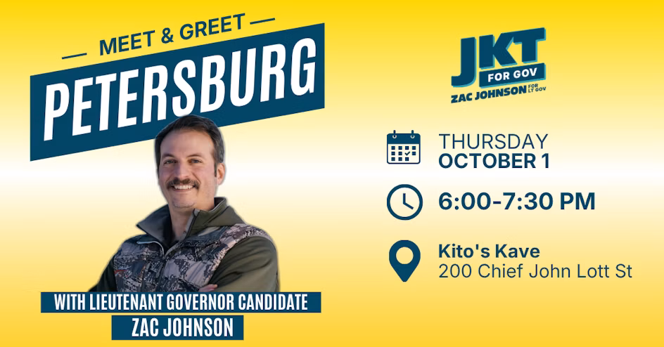 Campaign meet-and-greet poster for Petersburg with Lieutenant Governor candidate Zac Johnson; event Thursday Oct 1, 6:00–7:30 PM at Kito's Kave, 200 Chief John Lott St.