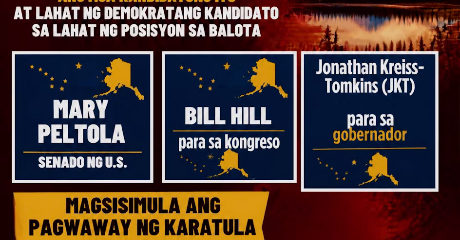 Three blue campaign posters on a red background: Mary Peltola for U.S. Senate, Bill Hill for Congress, Jonathan Kreiss-Tomkins for governor, each with Alaska map and stars.