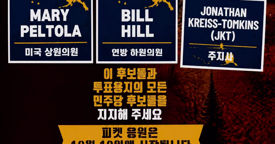 Three blue campaign posters with bold white text and yellow accent lines on a dark background, above a large Korean voter-appeal message.