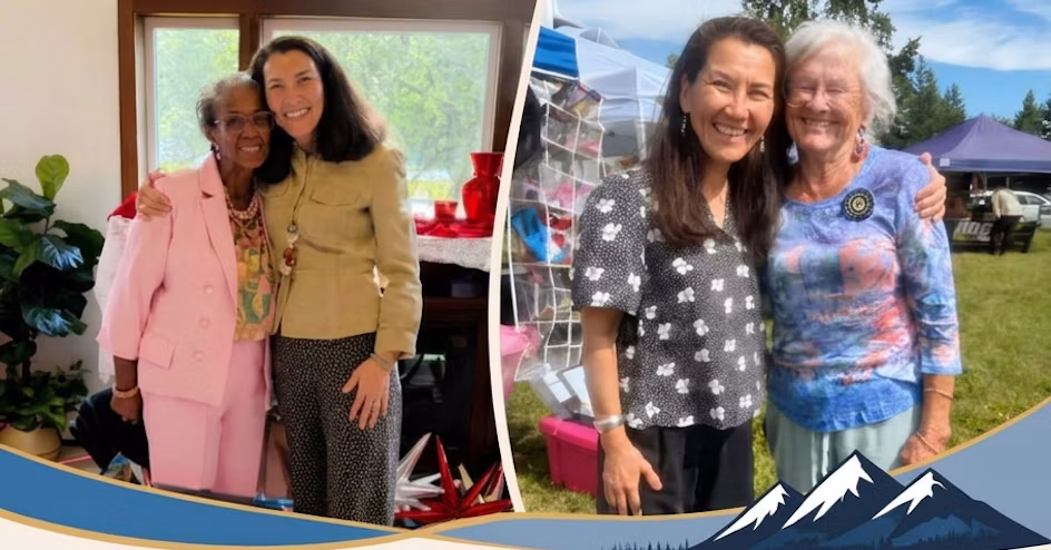 Two-photo collage of a smiling woman with an older woman in different settings: indoors in a pink/beige outfit and outdoors at a festival with tents.