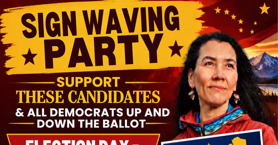 Political campaign poster urging support for these candidates and all Democrats; a smiling woman appears on the right side of the image.